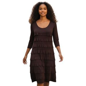 Lazy Daisy Brown Jersey Knit Tiered Ruffle Dress Long Sleeve Soft Comfy Stretch